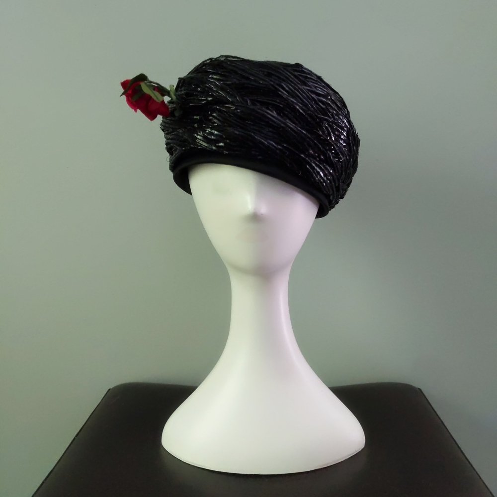 Vintage Jean Pierre Paris New York Shiny Straw Turban Pillbox Hat with Roses